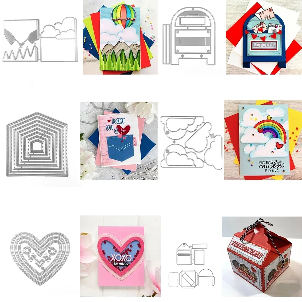 Clouds Mountain Peak XOXO Pierced Hearts Metal Cutting Dies Post Box Paint Palette Die For DIY Scrapbooking Cards Craft Making