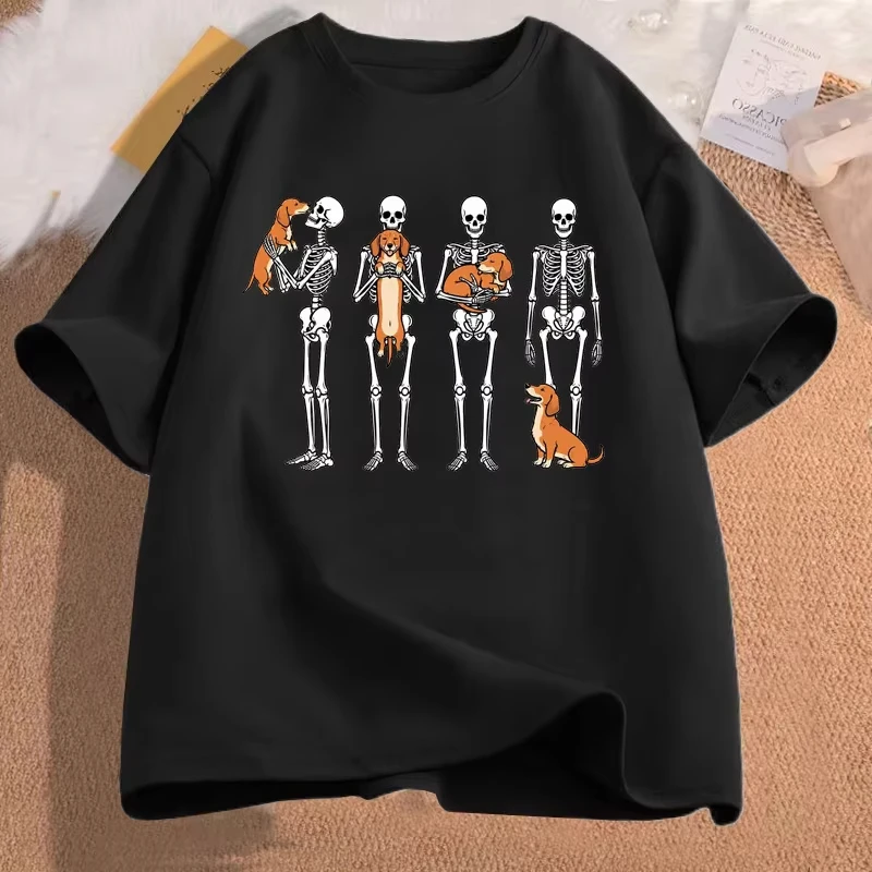 Skeleton Hug Dachshund Dogs Halloween Spooky Art Print Graphic Womens T Shirt Short Sleeve Crew Neck Casual Ladies Tee Tops