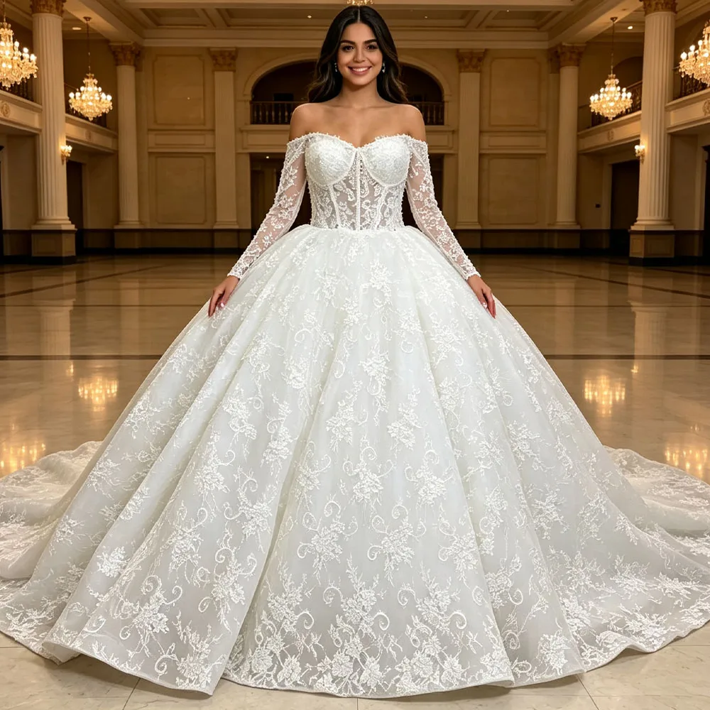 Elegant Vestidos De Novia Boda Sweetheart Long Sleeve Lace Up Back Embroidery Customizable Wedding Dress