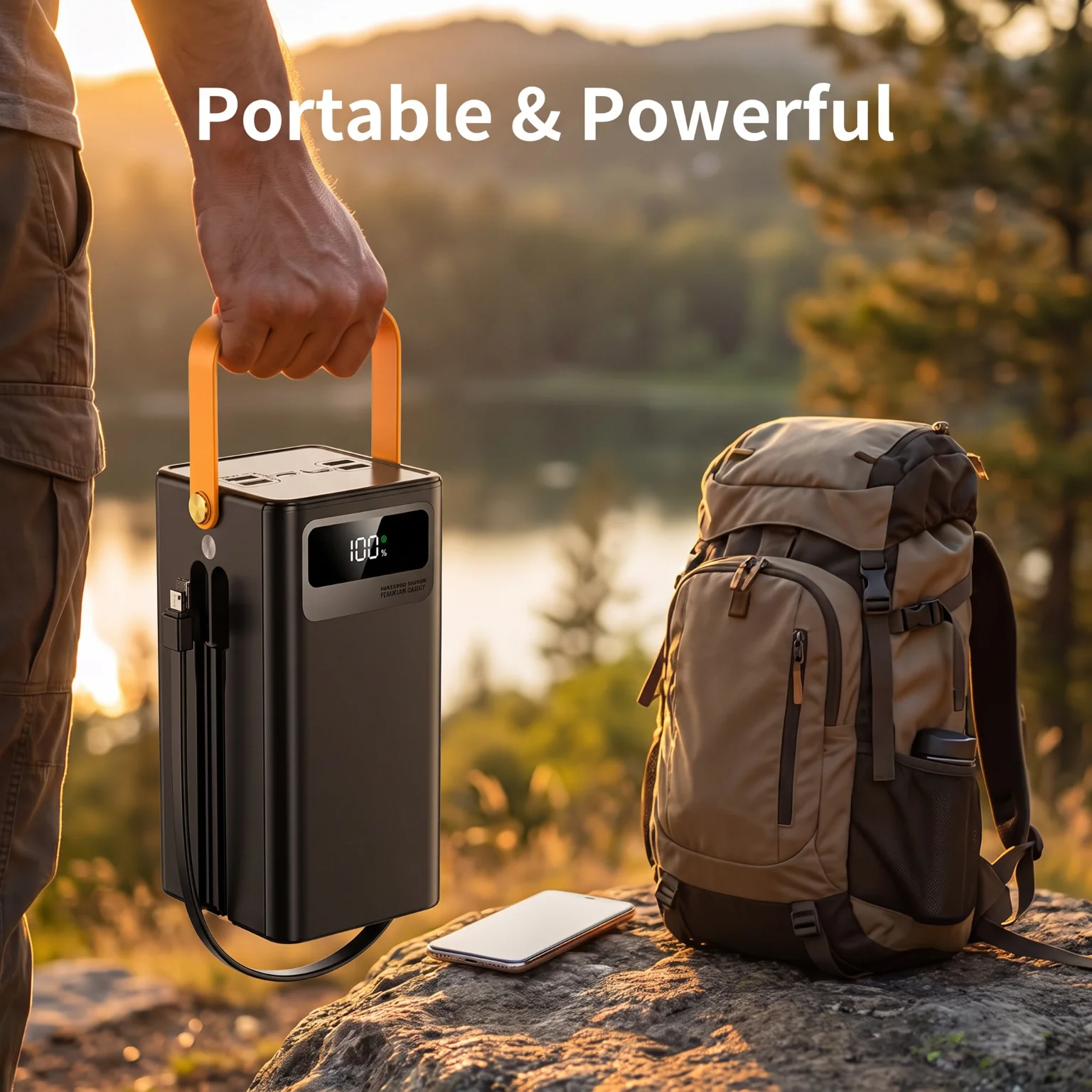 KP302 Portable Charger Power Bank 50000mAh Black with Detachable Built in Cable Camping Light Smart Digital Display 22.5W Fast Charge 4 USB Output 3 Input Ports Support 7 Devices Charging Simultaneously with Hand Strap
