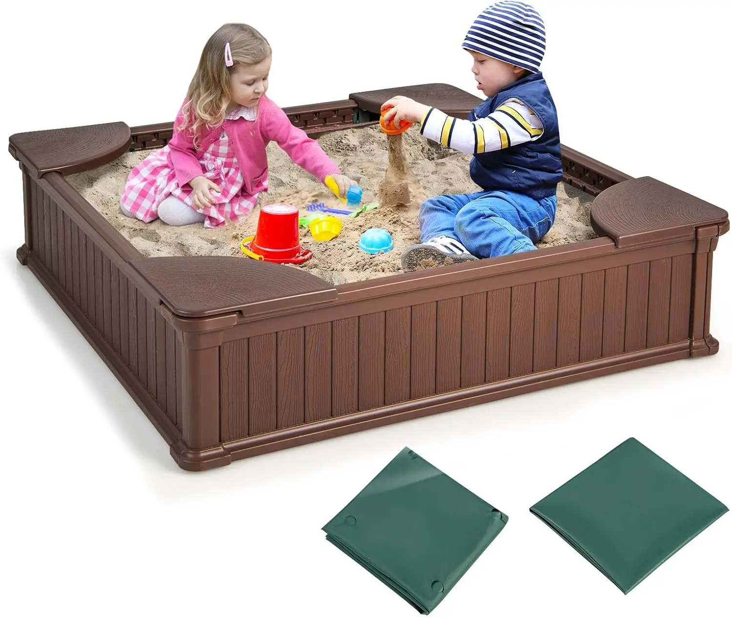

Sandbox with Cover, 4ft x 4ft Sand Box w/Oxford Cover, Bottom Drainage Oxford Liner, All Weather Resistant Sand Pit in Back
