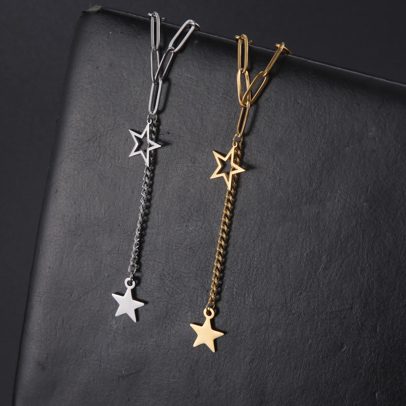 KKjoy Stern-Anhänger-Halskette für Damen, silberfarben, Edelstahlperlen, Doppelketten-Halsbänder, minimalistischer Schmuck, Accessoires, neu – Detail 8