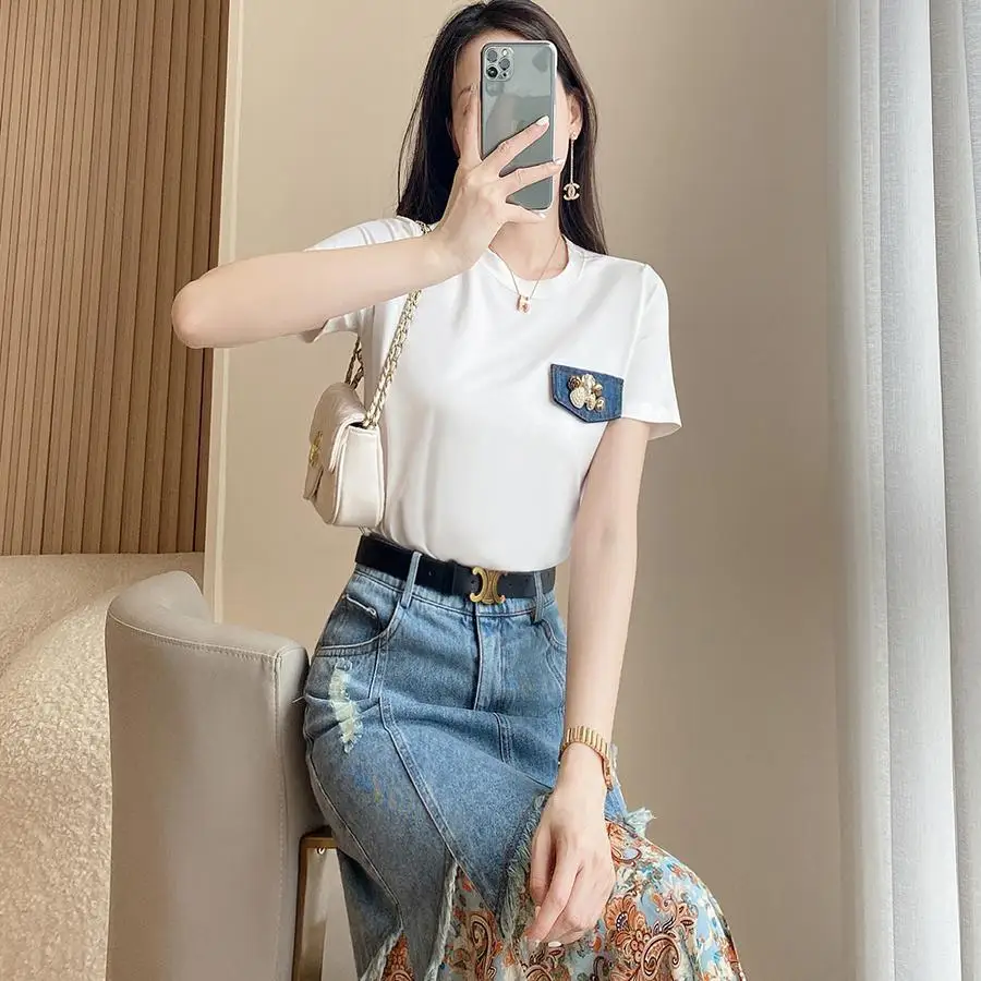 Sweet Set Skirt High Sense Royal Sister Two Piece Set Paired with 2023 New Summer T-shirt Denim Skirt Women\'s Set