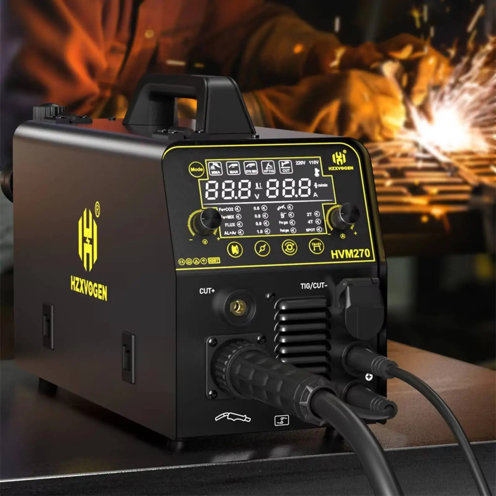HZXVOGEN HVM270 6 in 1 Aluminum Welding Machine Cut/Gas MIG/Gasless MIG/HF TIG/MMA Digital Screen 2T 4T Inverter Welder Stainles