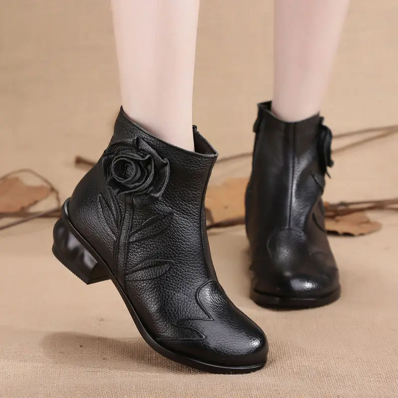 Handmade Cowhide Leather Boots Ladies Vintage Hollow Shoes Woman Original Brand Ankle Boots Female Autumn Low Heel Fur Booties