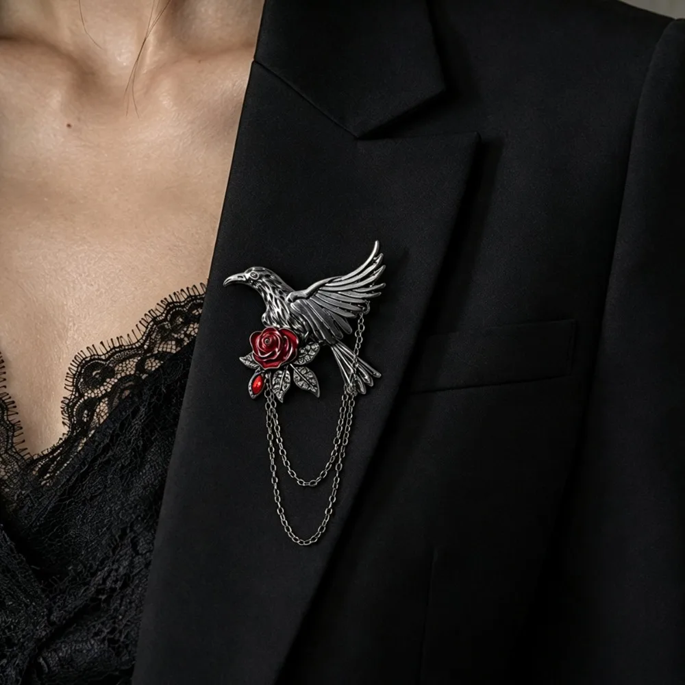 Goth Dark Gun Black Eagle Chain Tassel Red Zircon Blood-stained Rose Pin Pendant Brooches for Men Women Halloween Party Jewelry