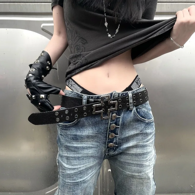 New Men's Cross Double Button Rivet Belt Punk Street Gothic Style Fashion Belt Harajuku Shibuya Hot Girl Y2K Trendy Belt