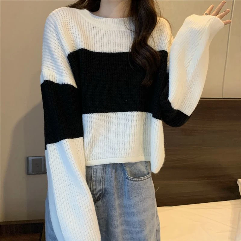 Fall Winter Striped Print Women Long Sleeve O Neck Sweater Korean Fashion Harajuku Vintage Knitted Oversized Pullovers Crop Tops