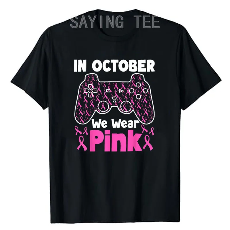 

In October We Wear Pink Breast Cancer Awareness Gaming Kids Boys T-Shirt Video Gamer Controller Graphic Outfit Pink Ribbon Tee