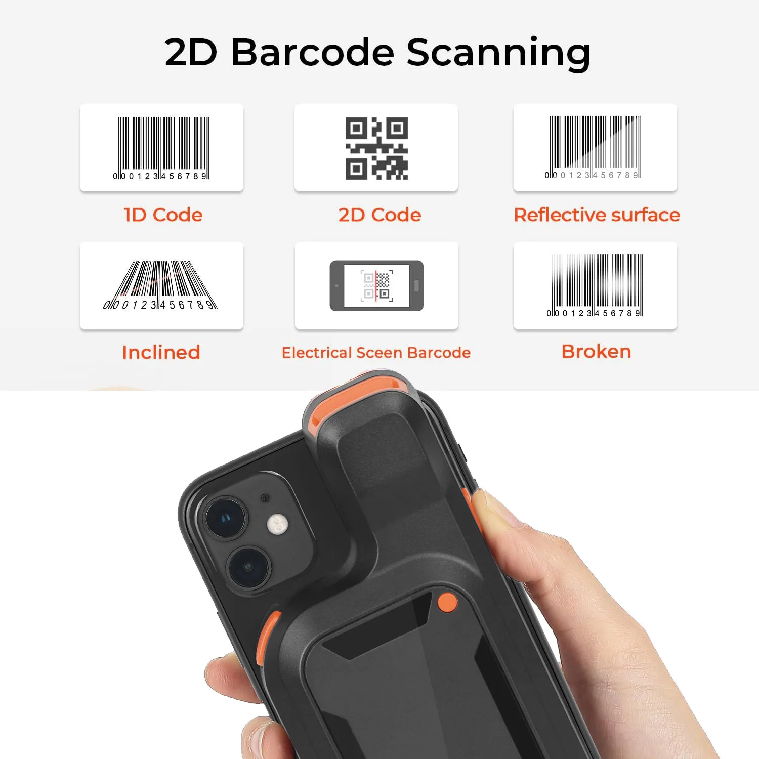 Escáner de código de barras con Clip trasero 2D, lector de código de barras Portátil con Bluetooth, matriz de datos, 1D, 2D, QR, para teléfono