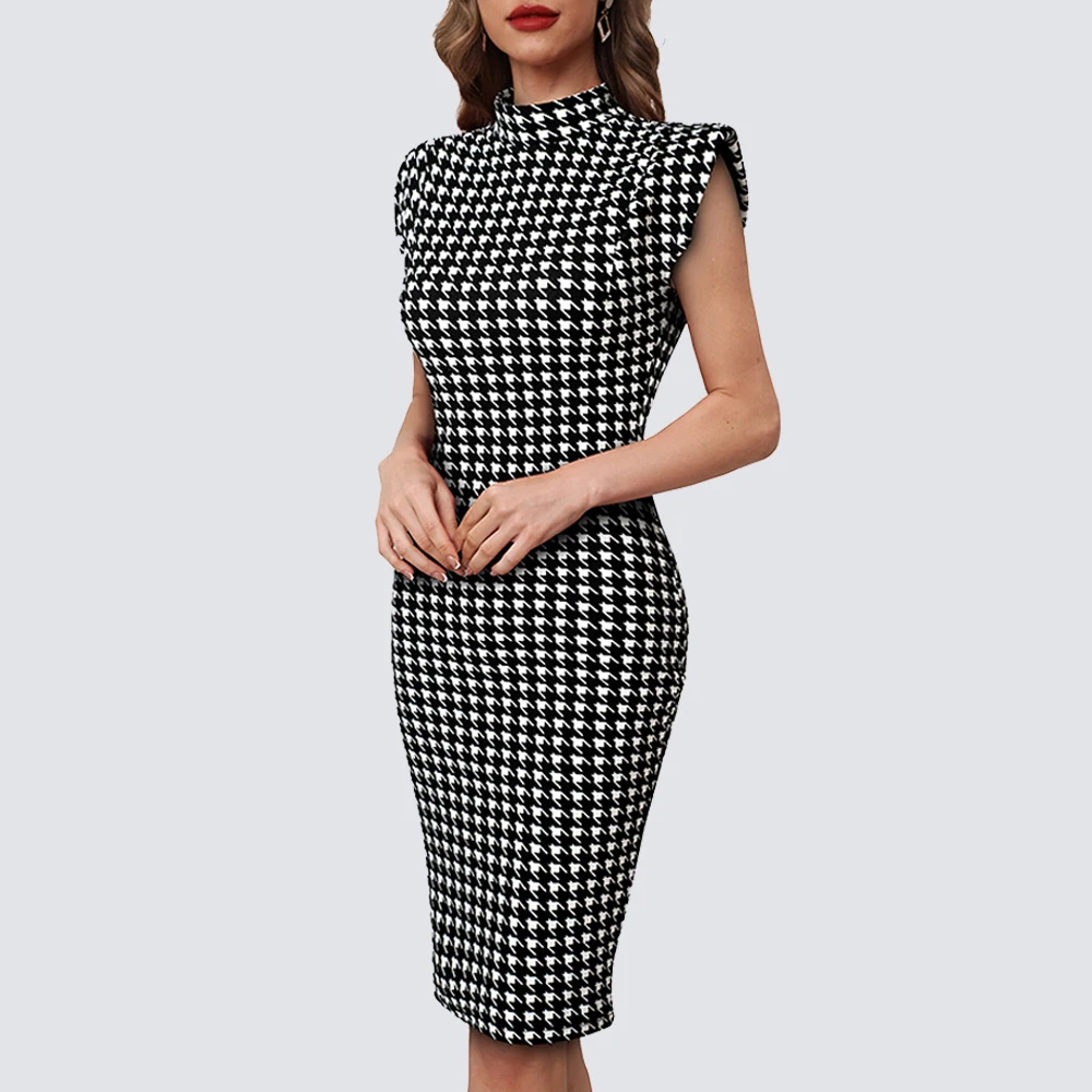 Spring Women Chic Plaid Office Work Elegant Vintage Bodycon Sheath Slim Dress HB771