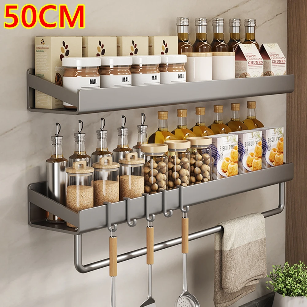 

50CM Kitchen Spice Rack Wall Mounted Condimenters Spice Rack Hanging Hook Kitchen Utensils Storage Rack Kitchen Organizer