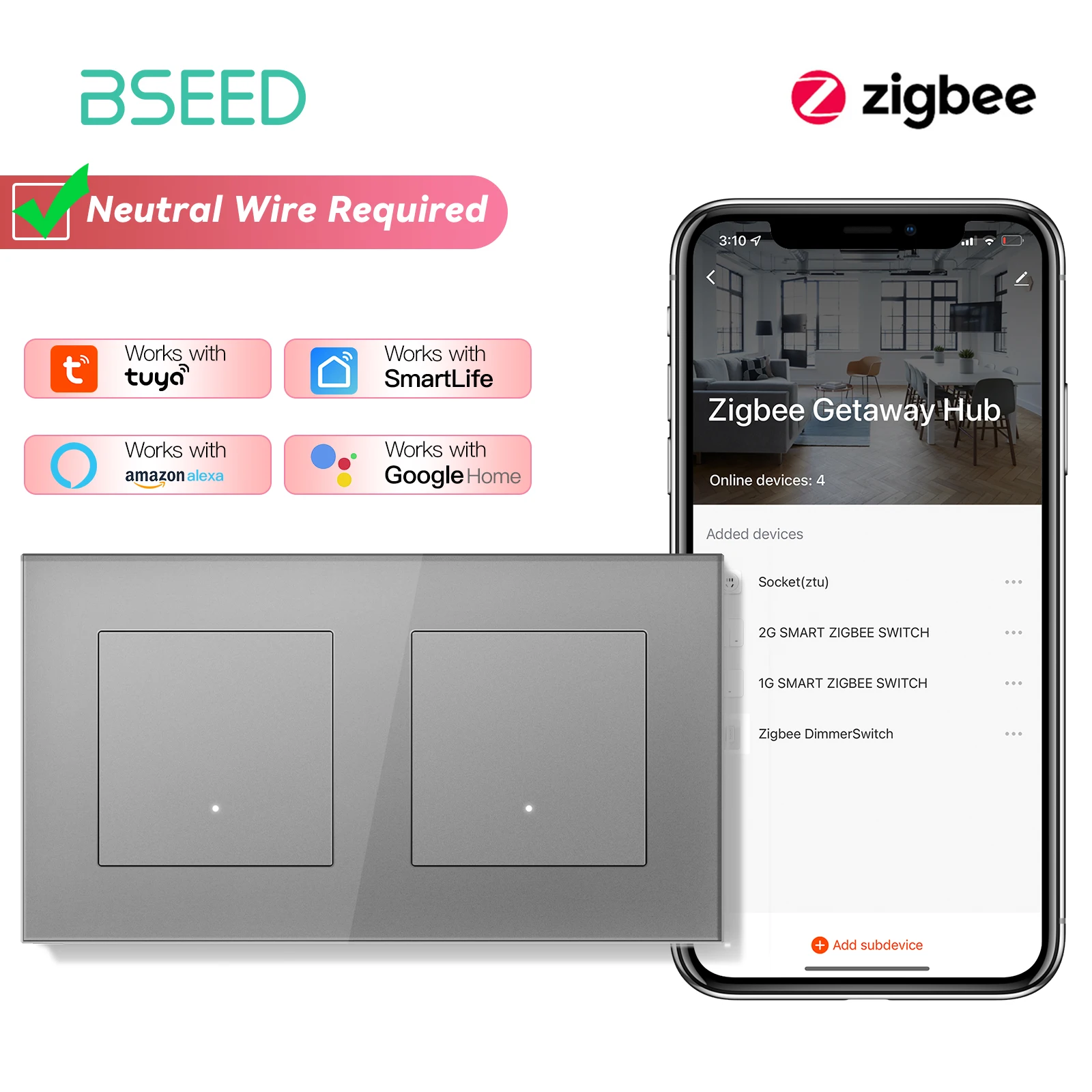 BSEED Zigbee 1/2/3/4Gang Smart Click Button Switches Tuya Alice Lichtschalter mit EU-Wandsteckdosen USB AC-Anschlüssen Glasplatten 10