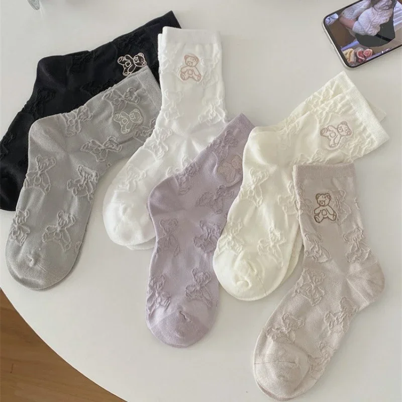 

Spring/Summer Women's Socks Boneless Comfortable Breathable Cotton Socks Cute Three Dimensional Bear Middle Tube Stacked Socks