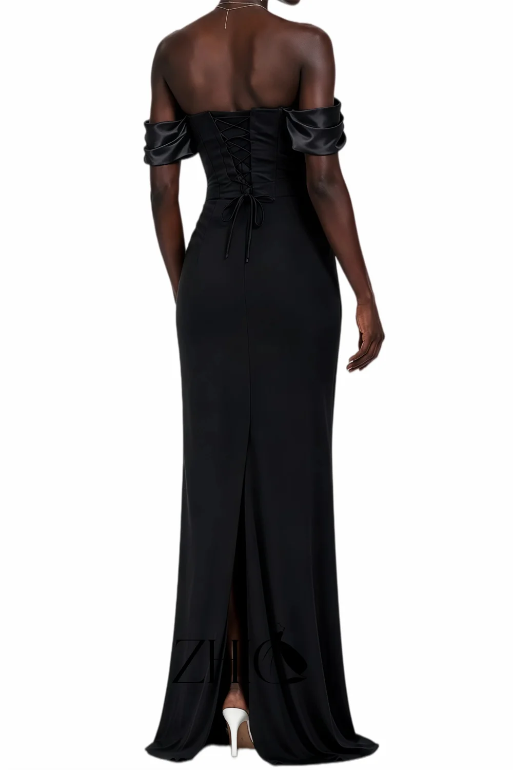 ZHIO Fashion Black Off Shoulder Evening Dress Crepe Satin Patchwork Buttons Lace Up Mermaid Back Slit Long Prom Gowns Custom