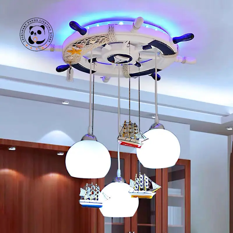 Modern Led Chandelier Light Children's Gaming Room Bedroom Study Kids Blue Cartoon Pirate Boat Ceiling Lamp Decor Light Fixtures