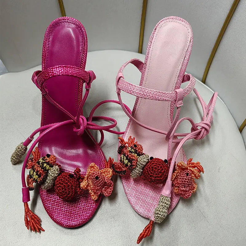 Onlymaker Women Open Round Toe Woven Embellished Ankle Strap Sandals Thin Heel Big Size Sandals