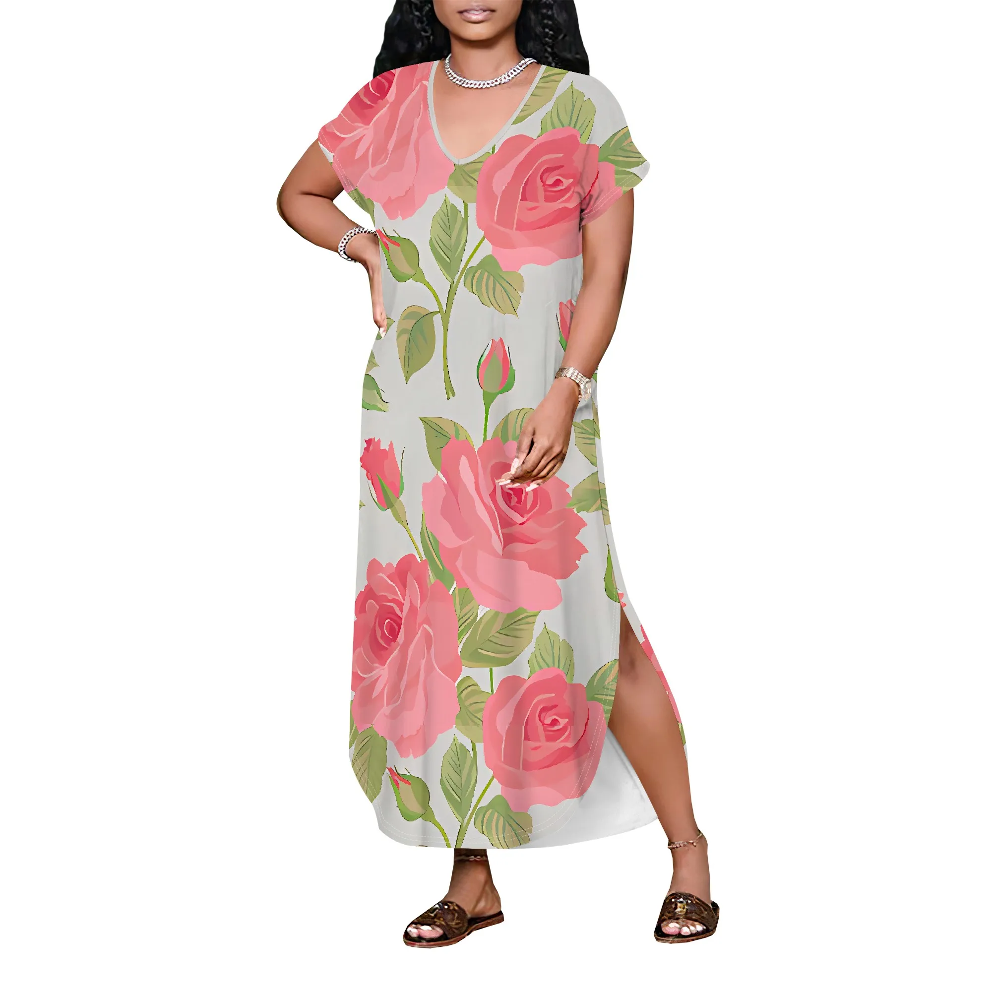 Romantic Rose Off Shoulder Maxi Dress for Women Summer Casual Streetwear