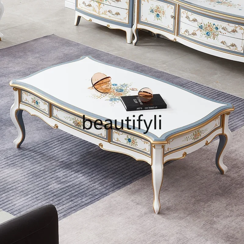A55 Tavolino europeo dipinto in legno massello Tavolo da tè moderno Combinazione di mobili TV Tavolo da tè per soggiorno di lusso leggero americano