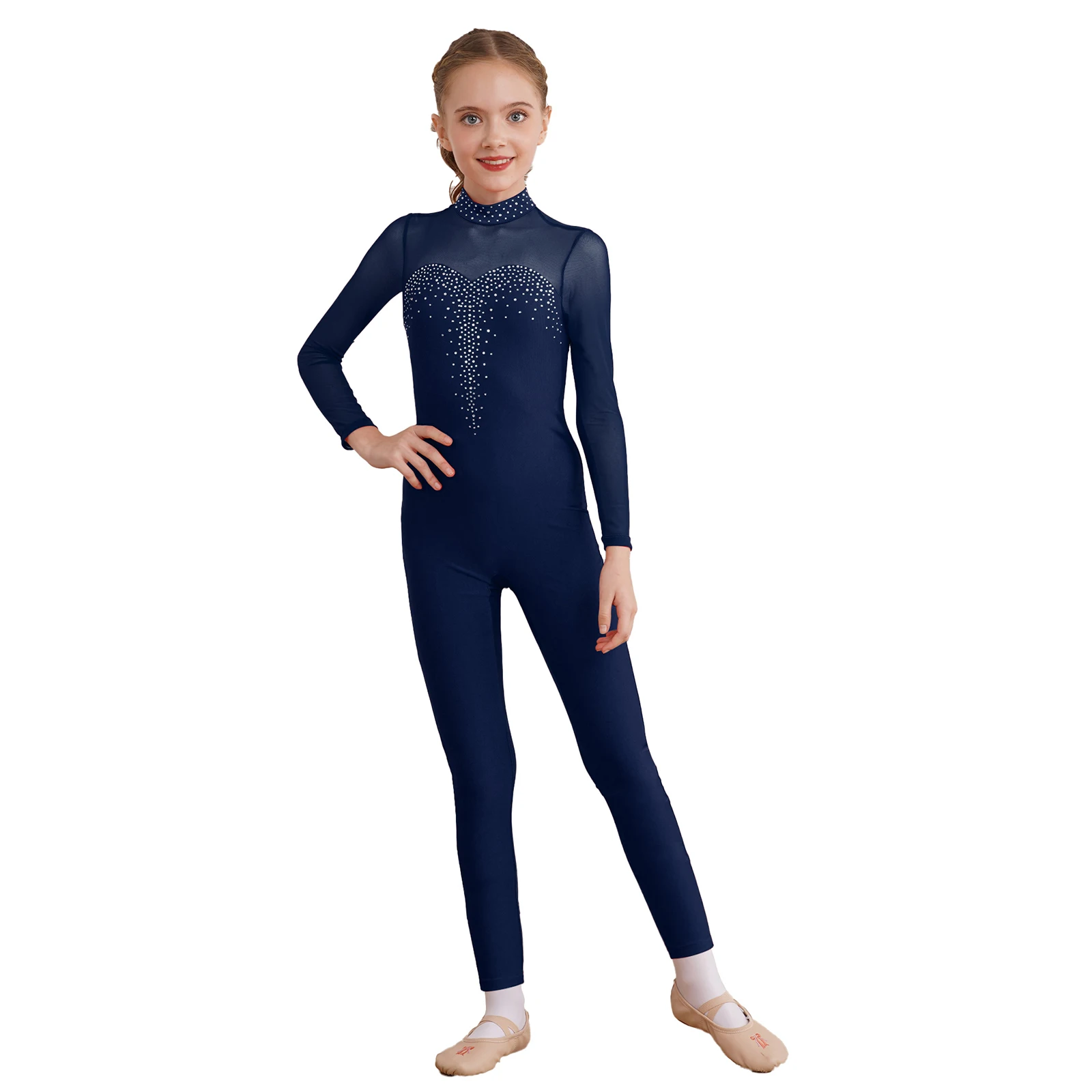 Kids Balletschaatsen Unitard Voor Meisje Strass Bodysuit Doorschijnende Mesh Lange Mouw Catsuit Kinderen Gymnastiek Jumpsuit Dancewear