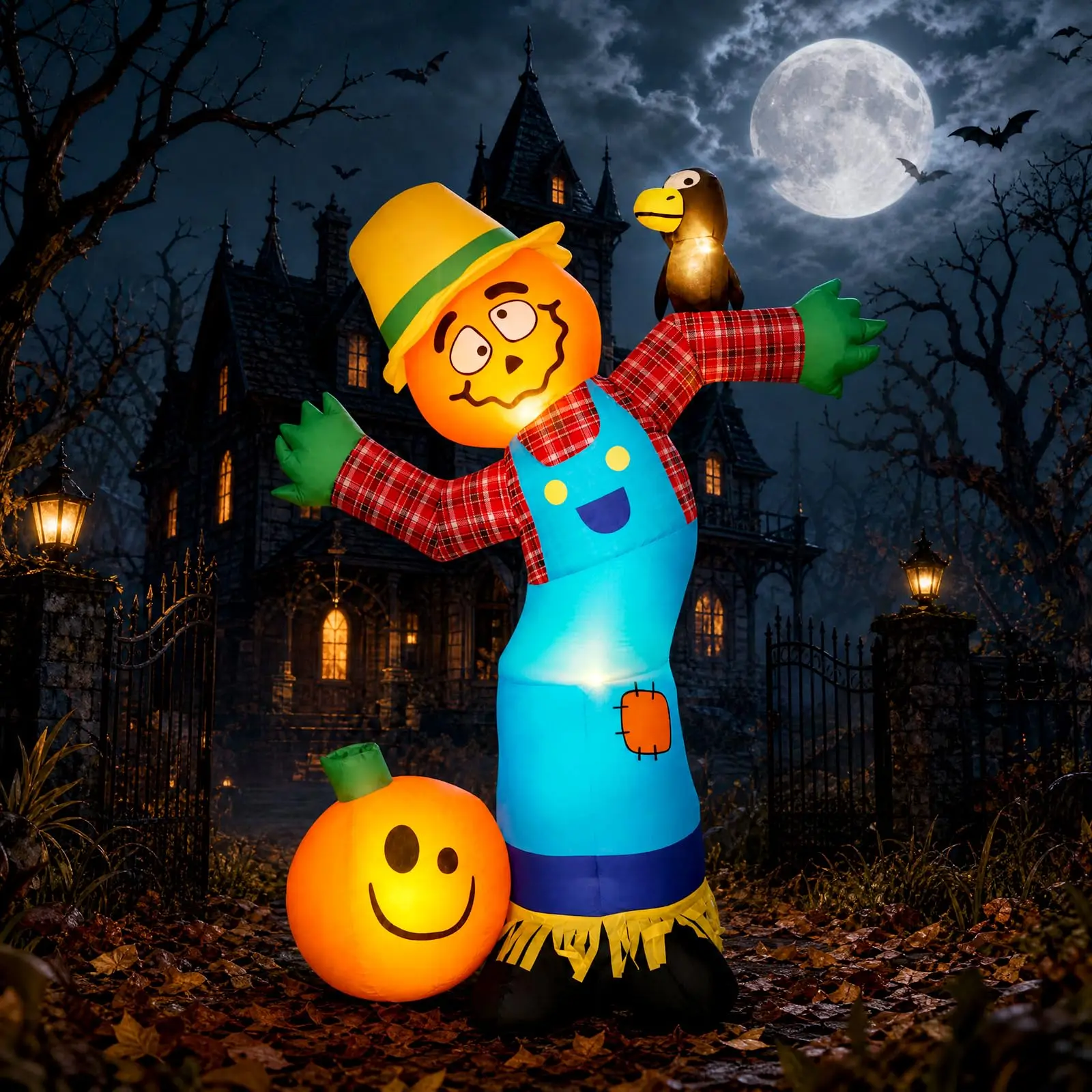 6ft Halloween Pumpkin Scarecrow Inflatable Outdoor Toy With 7 Led Lights, Blower, Stakes & Ropes For Yard Lawn Porch Party Decor