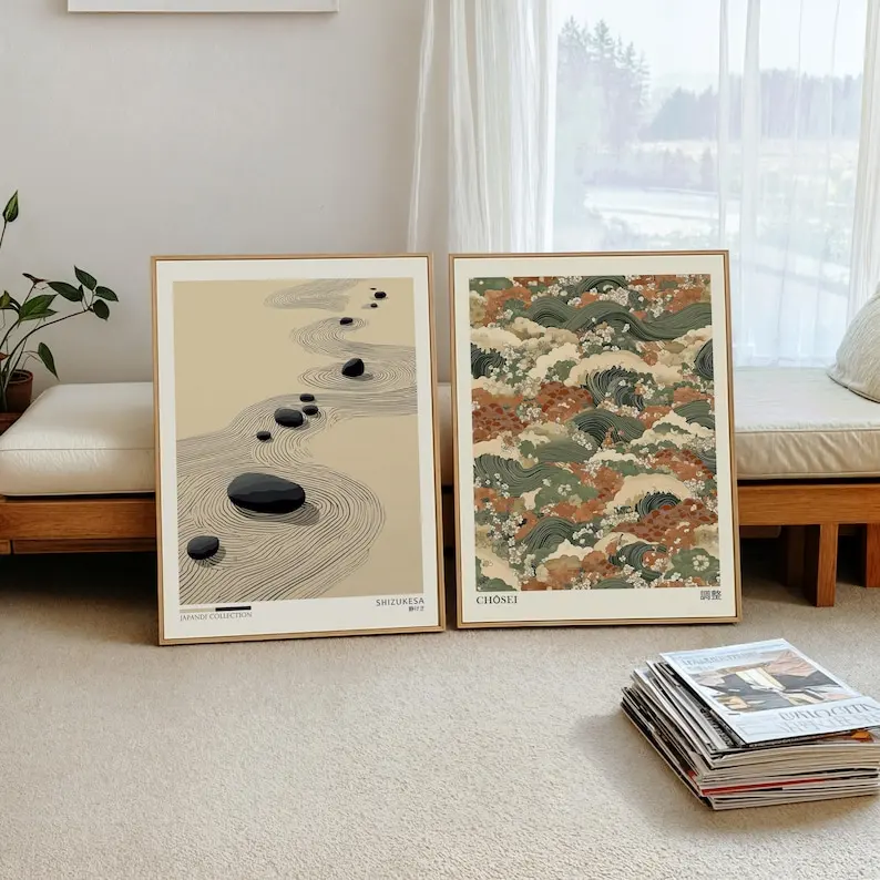 2pcs Japandi Zen Canvas Wall Art Posters, Frameless Minimal Japanese Wall Art Prints for Zen Home, Living Room Decortions