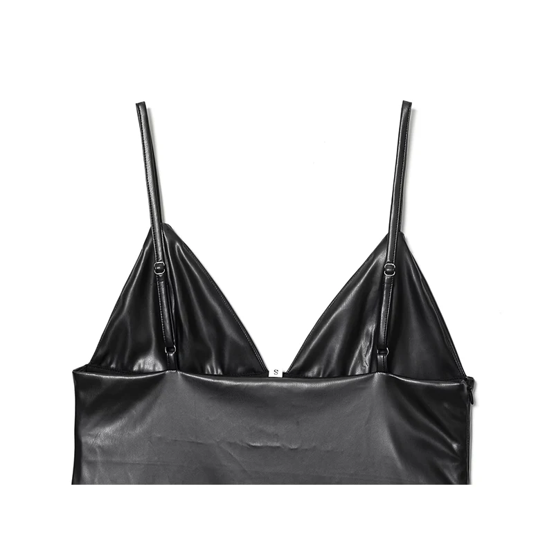 Vestido midi de empalme de cuero de encaje para mujer, vestidos de tirantes sin mangas con cuello en V a la moda, vestido de fiesta sexy para mujer
