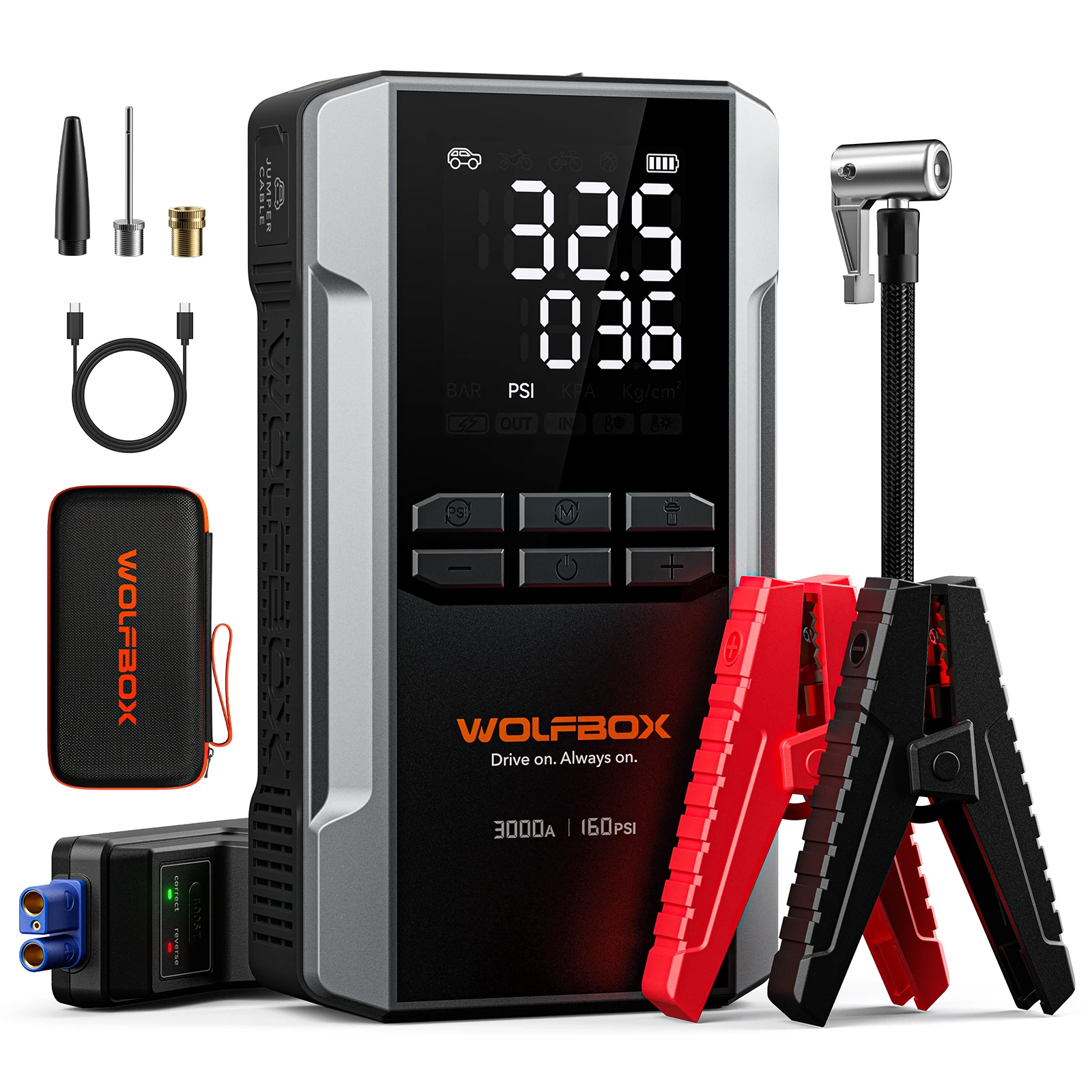 Avviatore di emergenza WOLFBOX 3000A con compressore d'aria, avviamento di emergenza per batteria per auto portatile da 16000 mAh e 160 PSI con ricarica rapida da 65 W