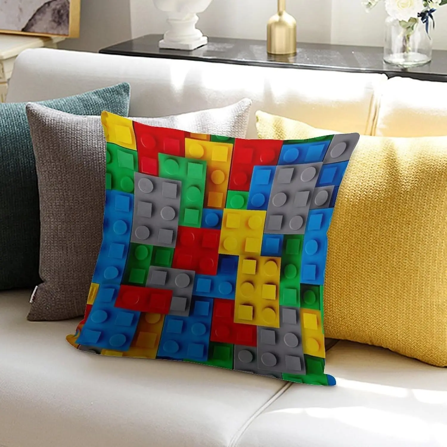 Vibrant Puzzle Cushion Cover Throw Pillow Case Geometric Decor for Sofa Living Room Kids Bedroom 18x18 Inch