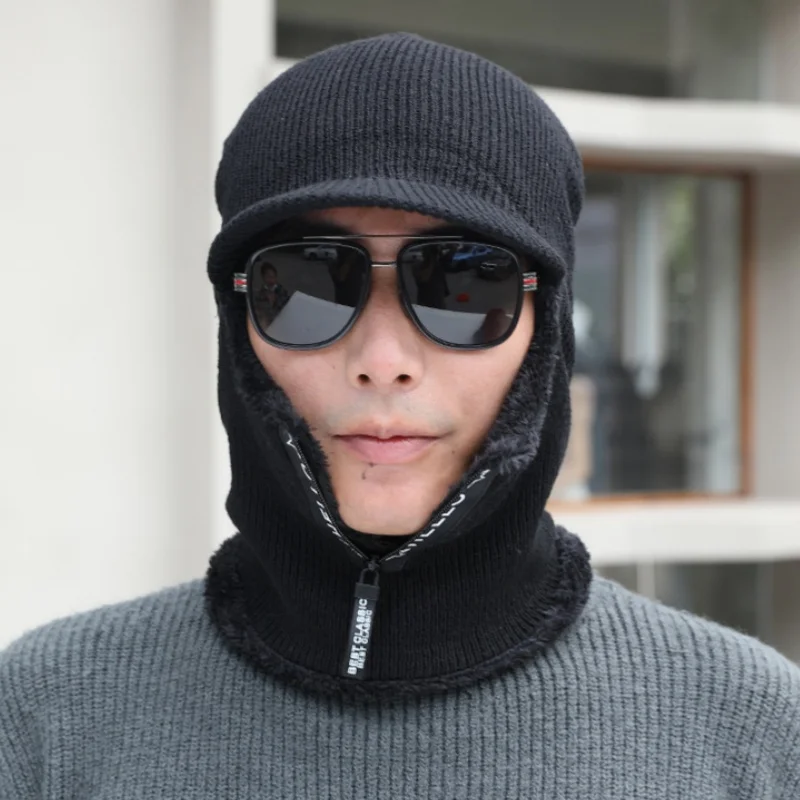 Comfy Brim Beanie for Guys Fleece-Lined Winter-Climate Crocheted Balaclava with Zipper & Ear/Neck/Face Protector
