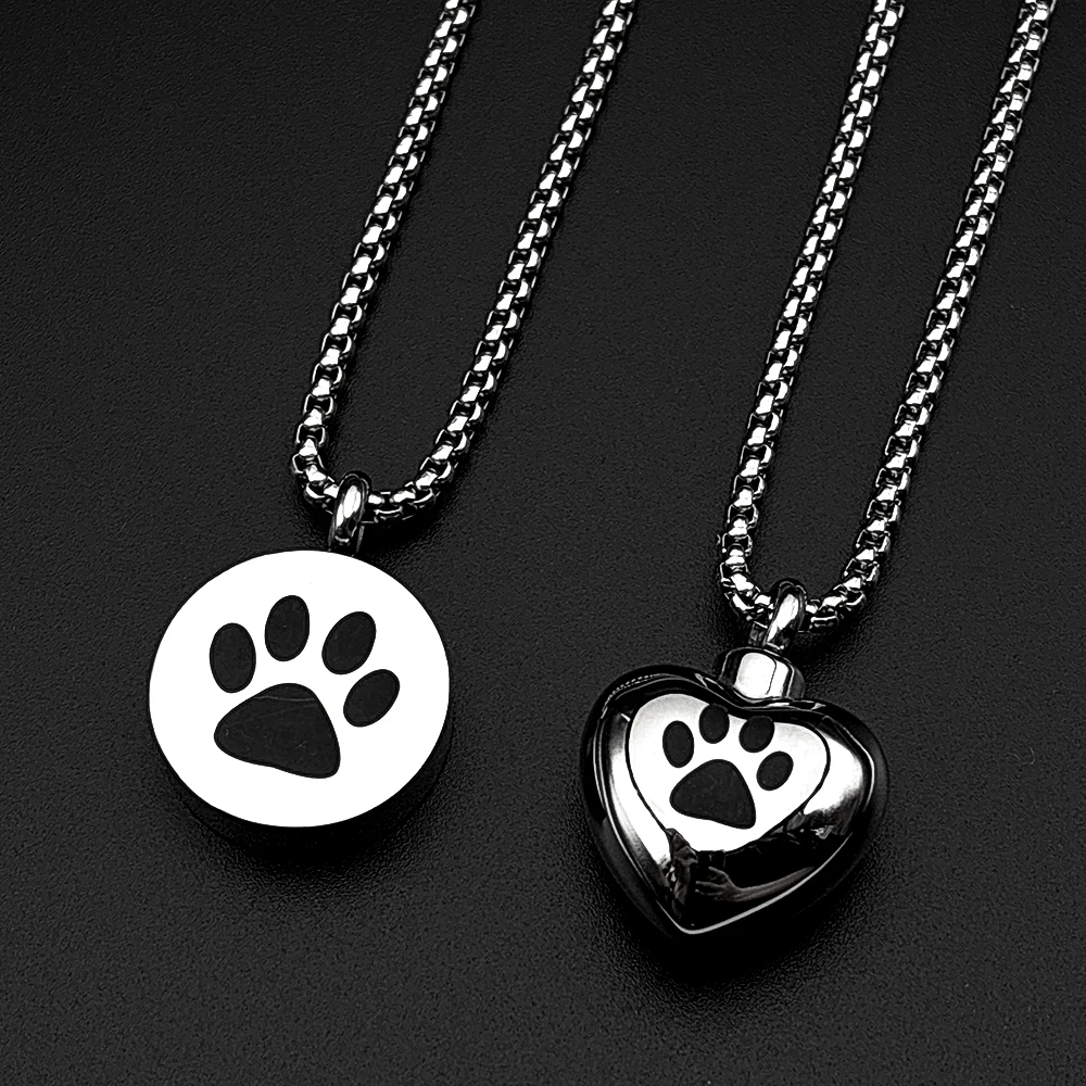 Sentimental Pet Paw Cremation Urn Necklace Stainless Steel Round Heart Ashes Pendant Chain Dog Cat Love Memorial Jewelry Gift