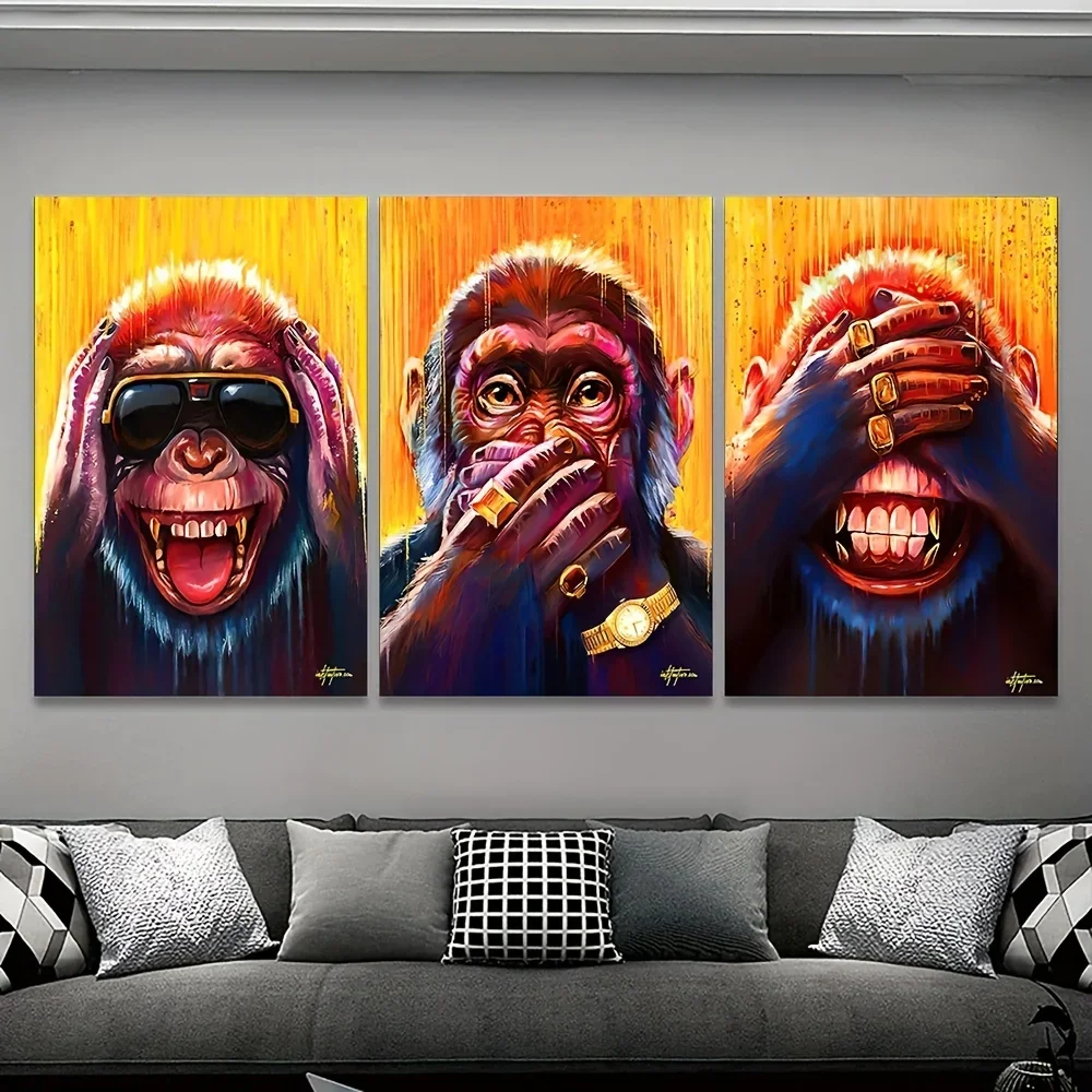 3pcs frameless Canvas Painting 3pcs Three Funny Animal Monkey Posters and Prints Animal Earphone Canvas Paintings For Kids Livin