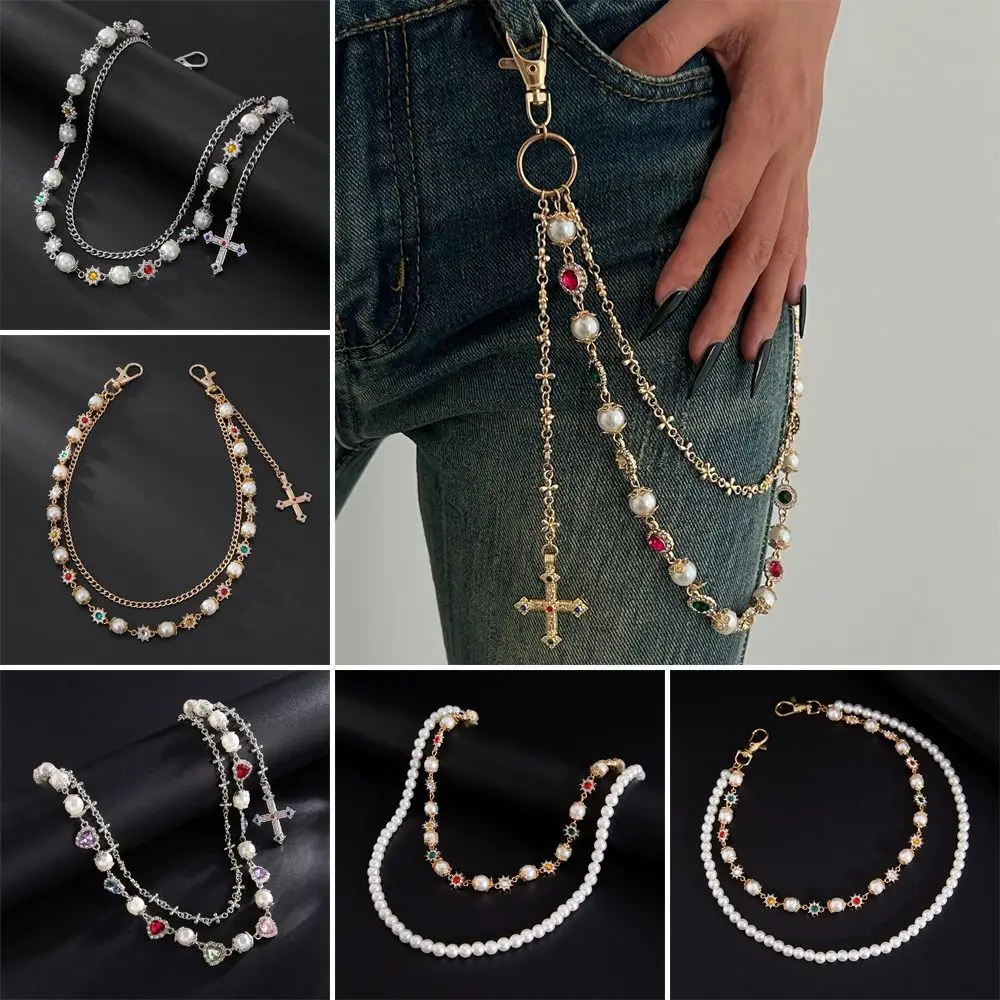 Double Layer Design Punk Rhinestone Keychain Colorful Rhinestone Alloy Material Love Heart Belt Chain Wallet Chain Luxury Style
