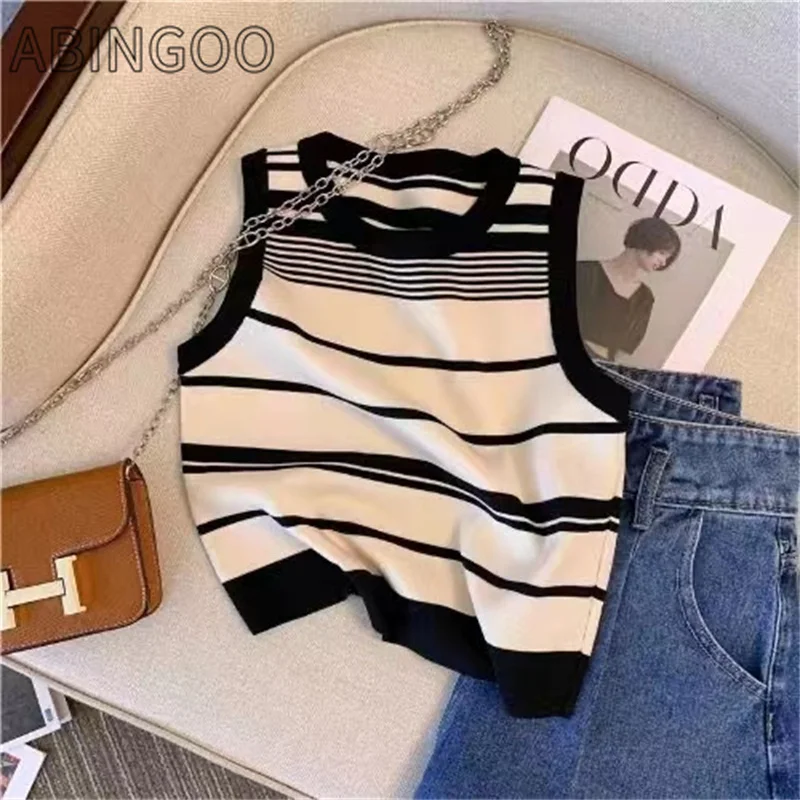 

ABINGOO Casual Women's Striped Knitting Sleeveless Tanks Round Neck Contrasting Basic Tops (Pink/Black and White)