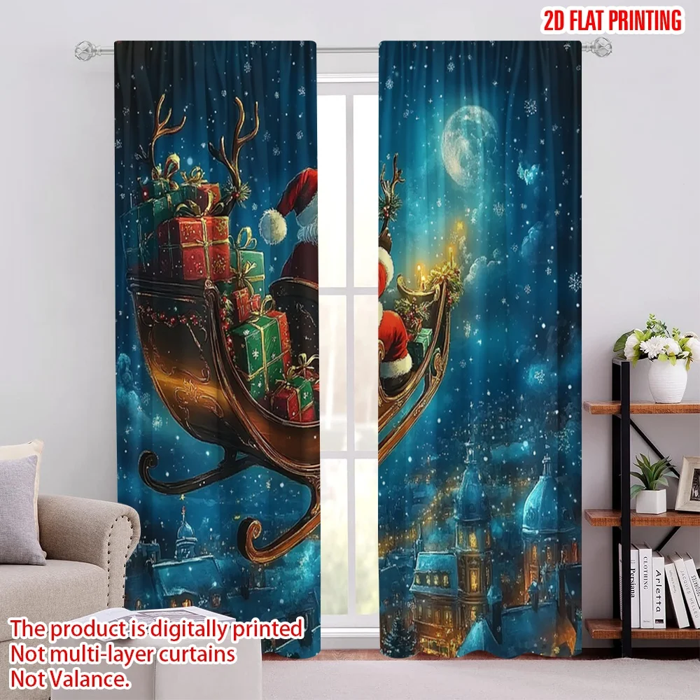 

2pcs 2D flat printing Merry Christmas Window Curtains Christmas sleigh Polyester Fabric Without Electricity Birthday Party Use