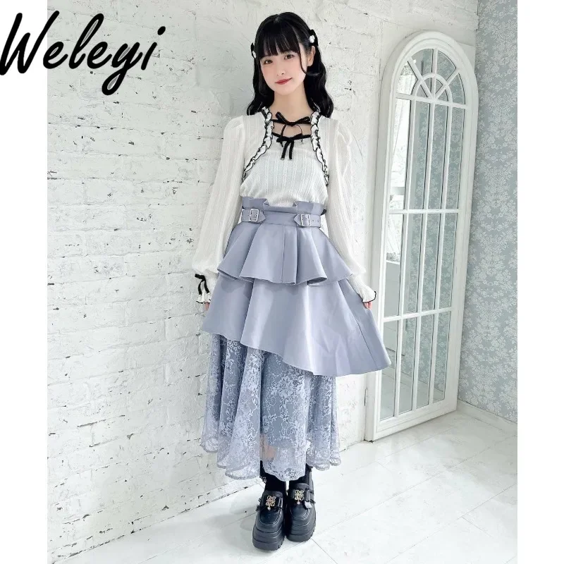 Kawaii Lolita Lace Long Skirts for Women Korean Fashion Autumn Streetwear New Irregular Belt Trim Side Waist Buckle Double Skirt