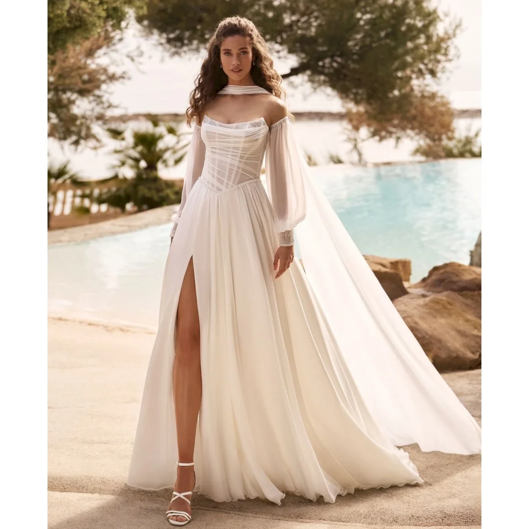 Bohemian Slit Wedding Dresses Transparent Bustier Corset Bridal Gown Long Sleeves Beaded Elegant robe de mariée Customized