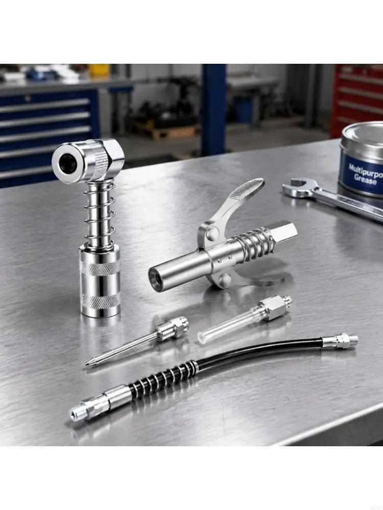 M76E Lubrication Nozzle and Coupler Set with Large and Small Needle Nozzles, 90-Degree Access and a Flexible Hose for Recessed