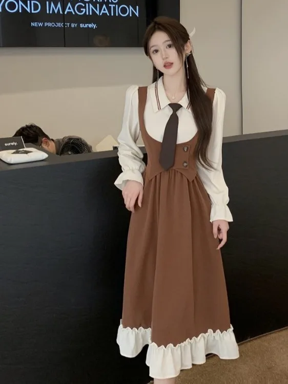 

Женское осеннее платье больших размеров с длинным рукавом, завышенной талией, А-силуэтом, имитацией двух частей, в стиле колор-блок, для офиса, с высокой талией