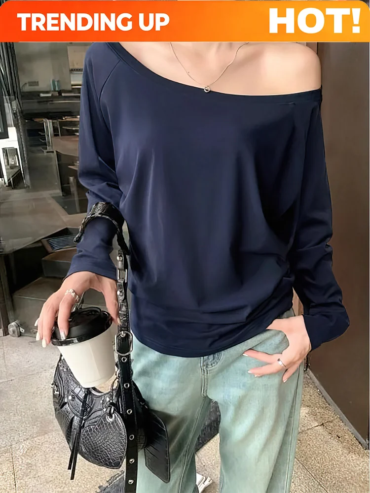 Customization Off The Shoulder Long Sleeve T Shirt Women Spring Autumn Loose Sexy One Shoulder Top Lady Casual Basic Tees School