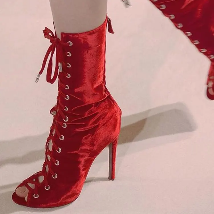 

Red Lace Up Velvet Booties Elegant Peep Toe Stiletto Heel Mid-Calf Boots Runway Hollow Women Sexy Casual Shoes Autumn Spring