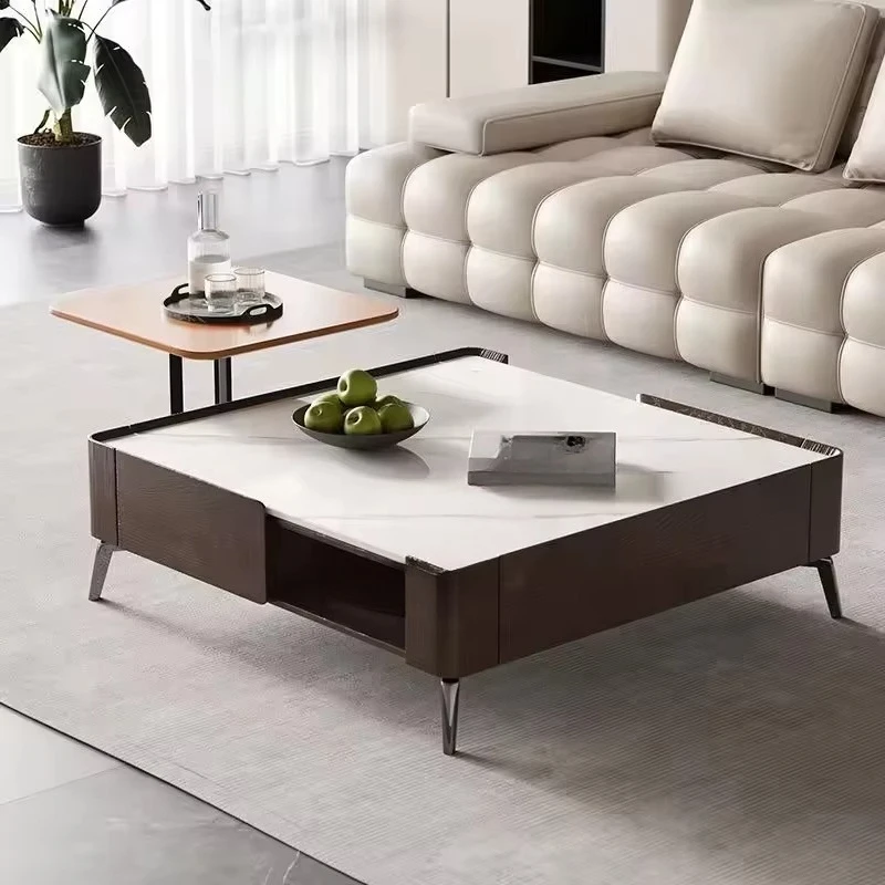 Square rock slab coffee table living room modern small apartment walnut color wood leather coffee table