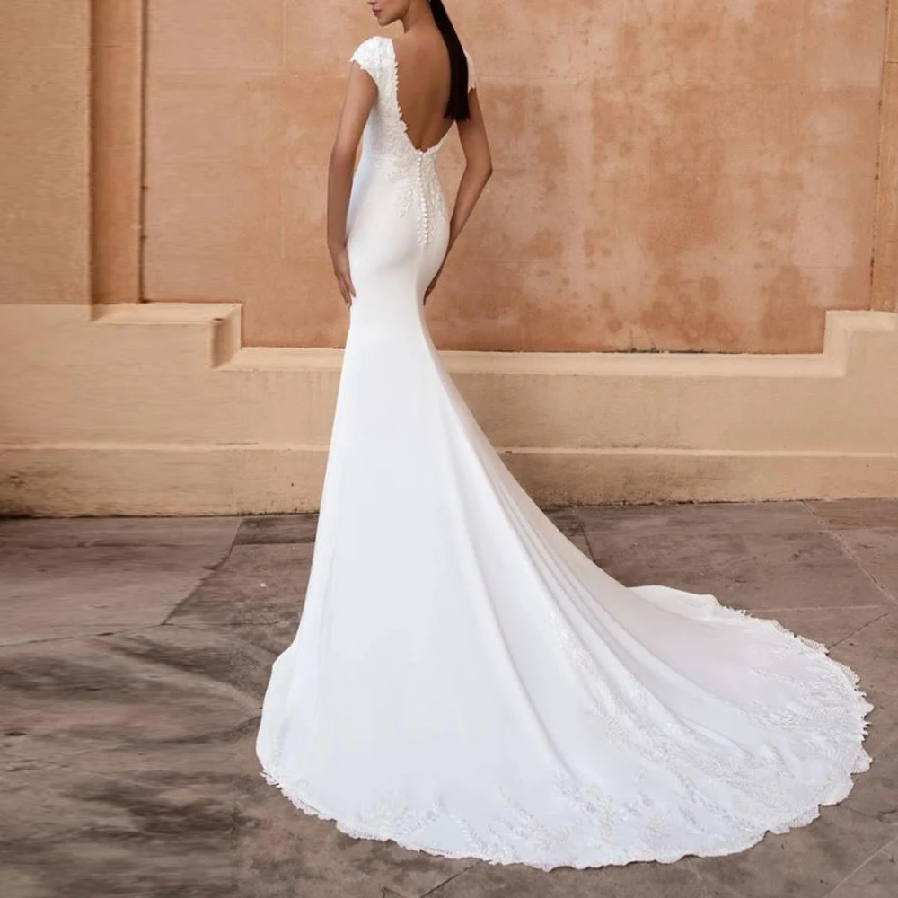 Robe de mariée sirène en Satin blanc, personnalisée, col bateau, manches Cape, avec des Appliques en dentelle, dos nu