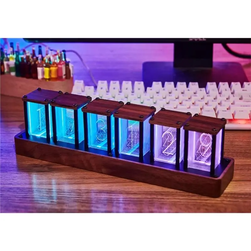 AB46-Cool LED Full Color Adventurer Nixie Tube Clock, Retro Wooden Shell, Custom RGB And 12/24H Display, Decorate Room