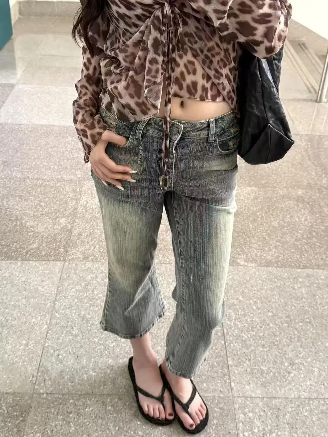 Summer Women American Retro Low Rise Jorts Flared Jean Shorts Tide Y2K Harajuku 2000s Gyaru Denim Calf-Length Pants High Street