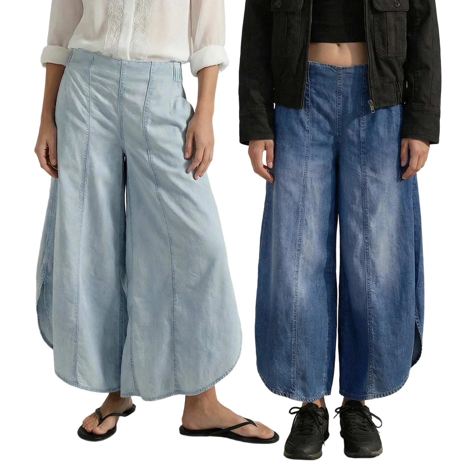

2026 Summer Fashion Women's Cropped Jeans with Pockets Ladies Simple Stylish Blue Low Rise Casual Wide Leg Denim Pants Jeans New