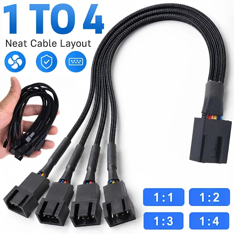 New PWM Fan Splitter Cable PC 4Pin 1 To 4 Ways Fan Power Extension Adapter Cable Black Sleeved Braided Cable 27cm/10.5 Inch