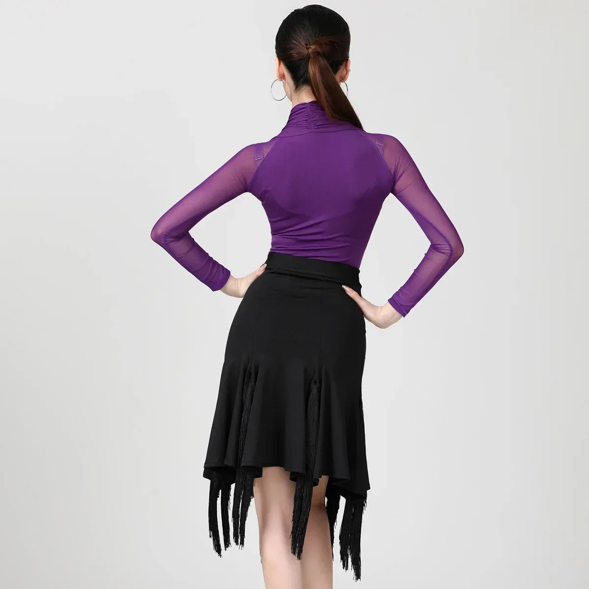 2023 Latin Dance Skirt New Aldult Female Performance Sexy One-piece Top Splicing Mesh Sleeves Chest Shirred Tops