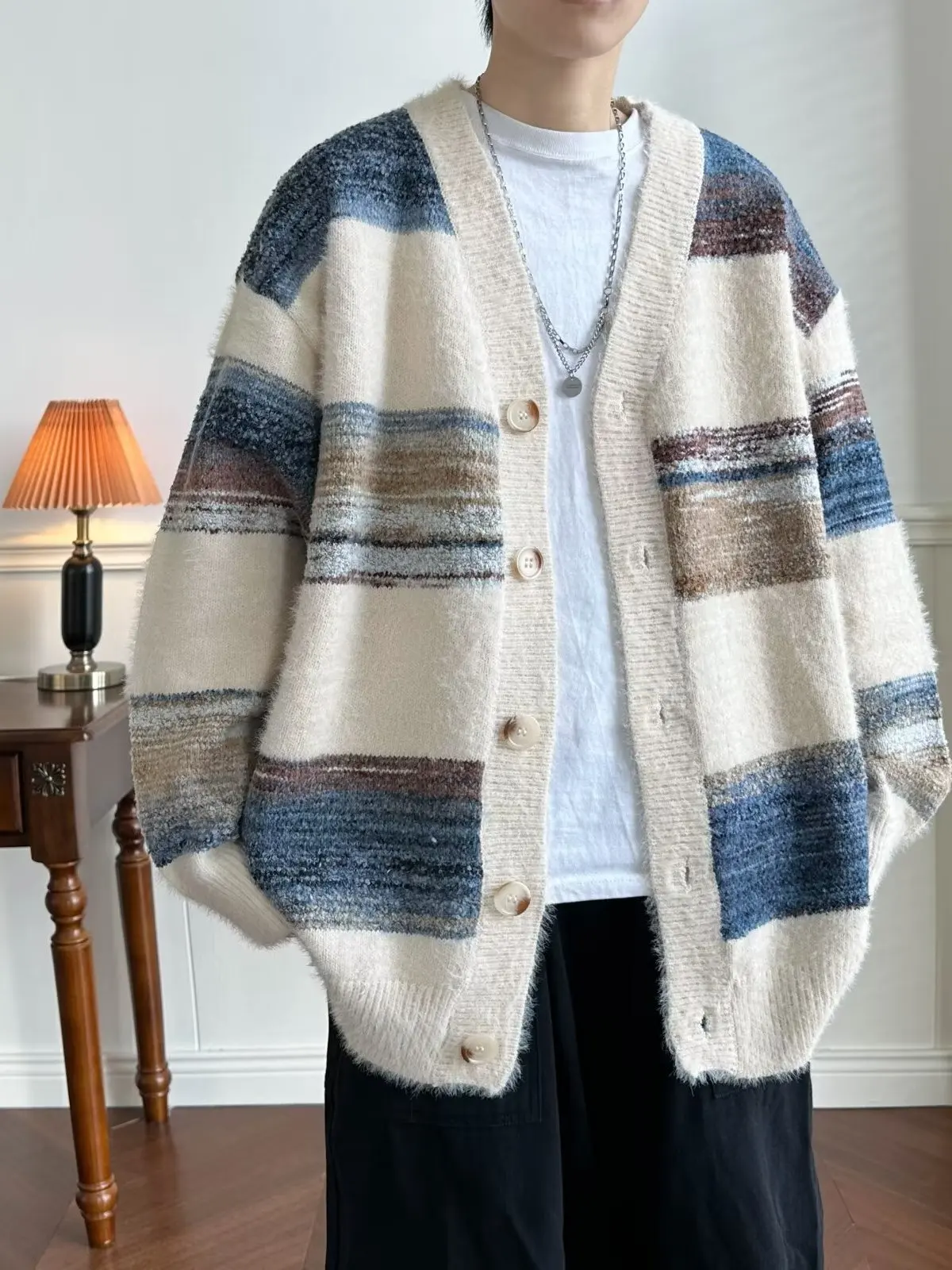 

Ретро японский цветной блуз с открытым кардиганом, свитер, свободная полосатая повседневная вязаная верхняя одежда для мужчин и женщин, осень-зима