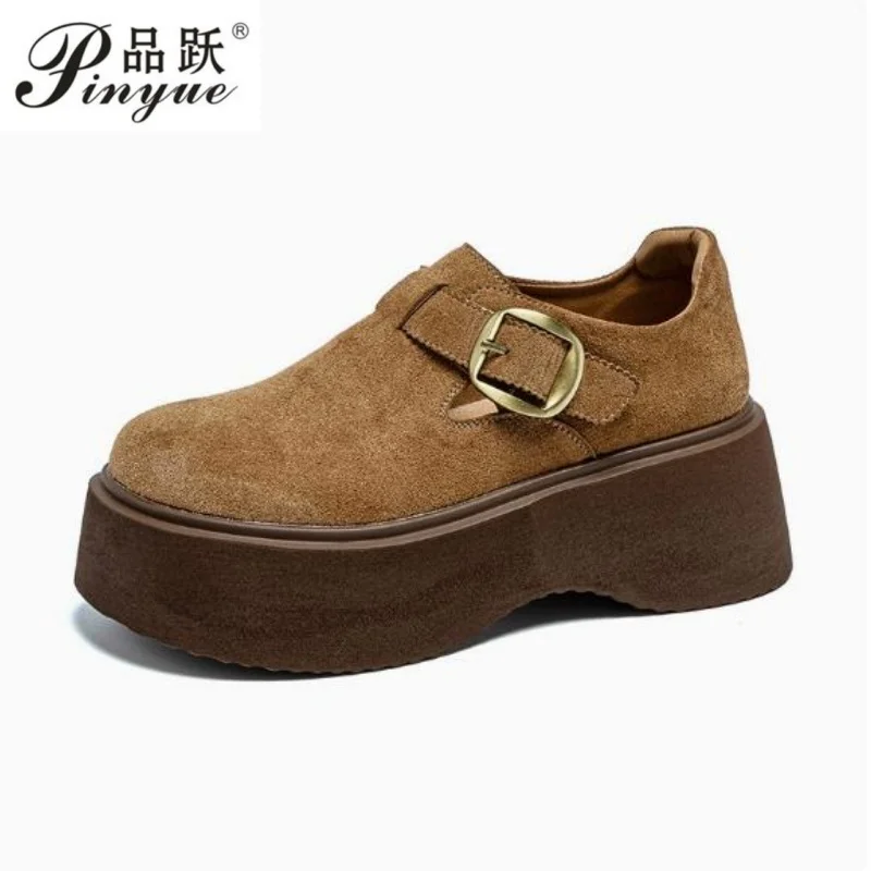 

Women Loafers Platform Suede Genuine Leather New British Style Buckle Student Shoes Women Large Size Classic Retro shoes 34-39